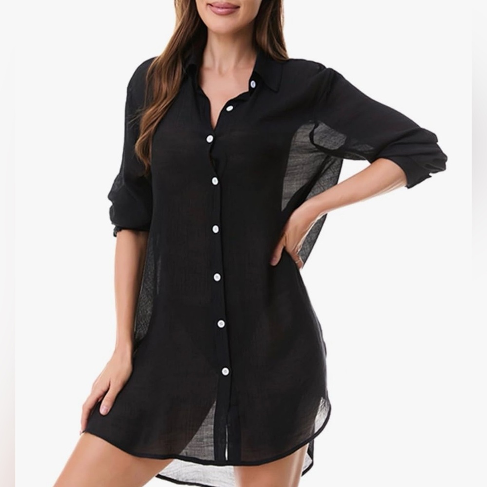 Black Button-Up Beach Cover Up Shirt